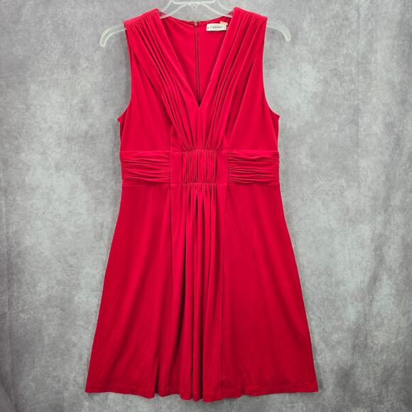 Calvin Klein Red Knee Length Pleat Sleeveless Fit Flare Formal Party Dress 12 - Picture 1 of 8
